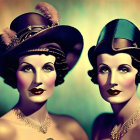 Vintage women in elegant hats and jewelry with classic makeup and wavy hairstyles embodying 1930s