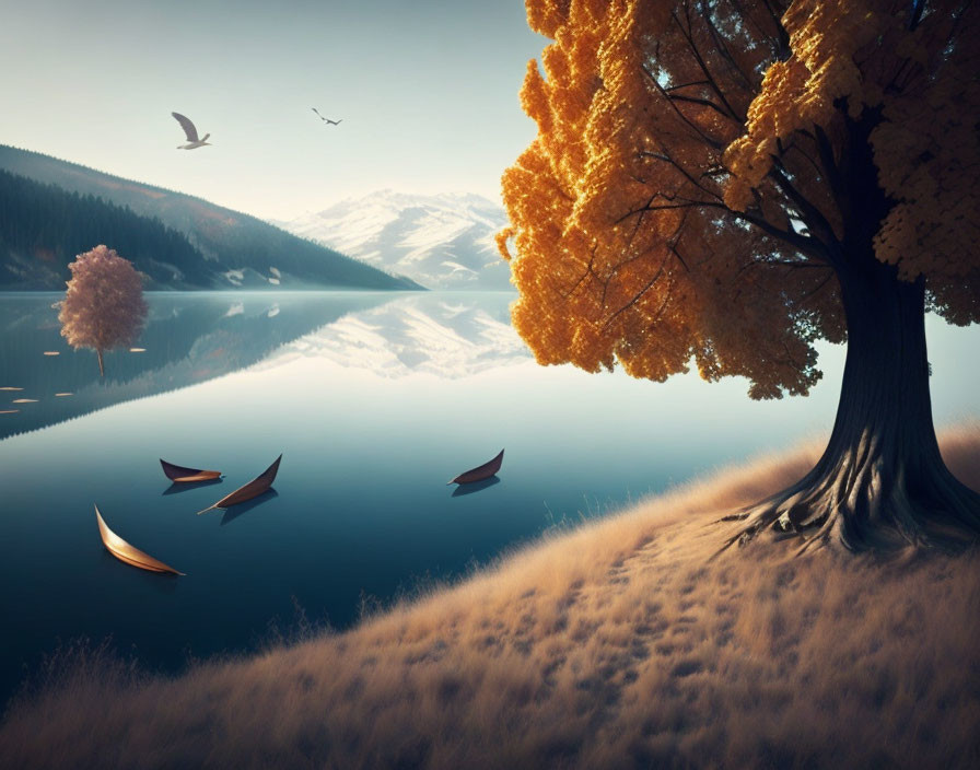 Golden-leaved trees, calm lake, paper boats, snowy mountains in autumn scene