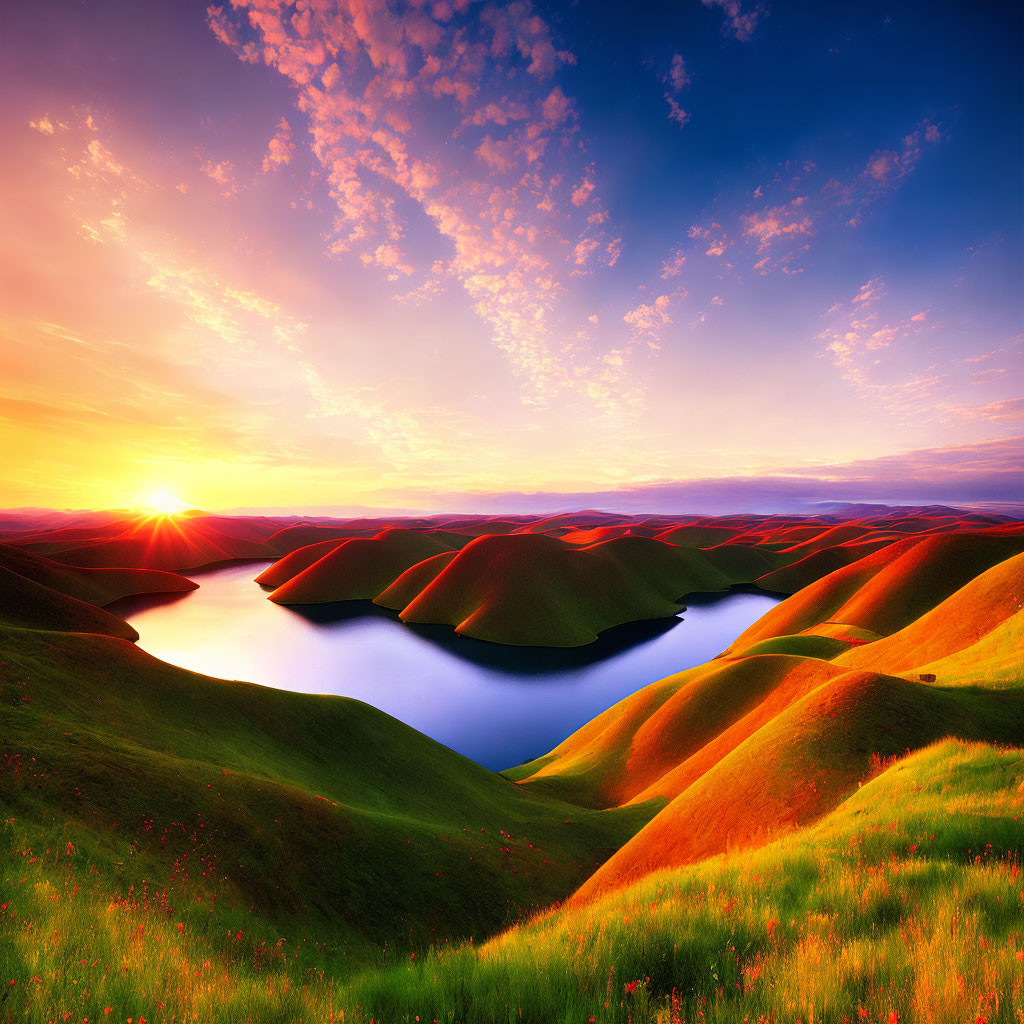 Scenic sunset over serene lake and green hills with colorful sky