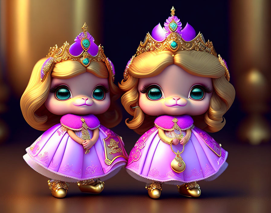 Doll-like characters in ornate princess costumes on dark background