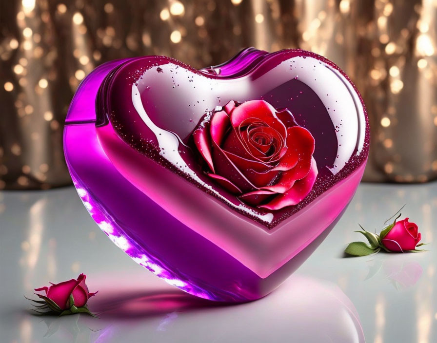 Heart-shaped bottle with rose and liquid on shimmering background.