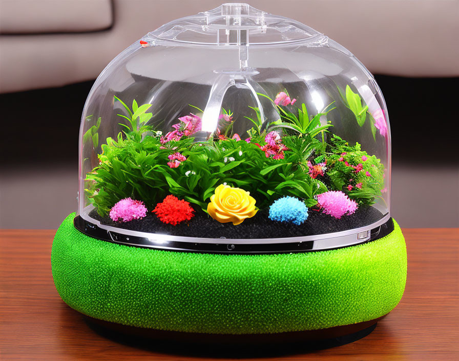 Vibrant artificial flower arrangement under clear dome on green textured base