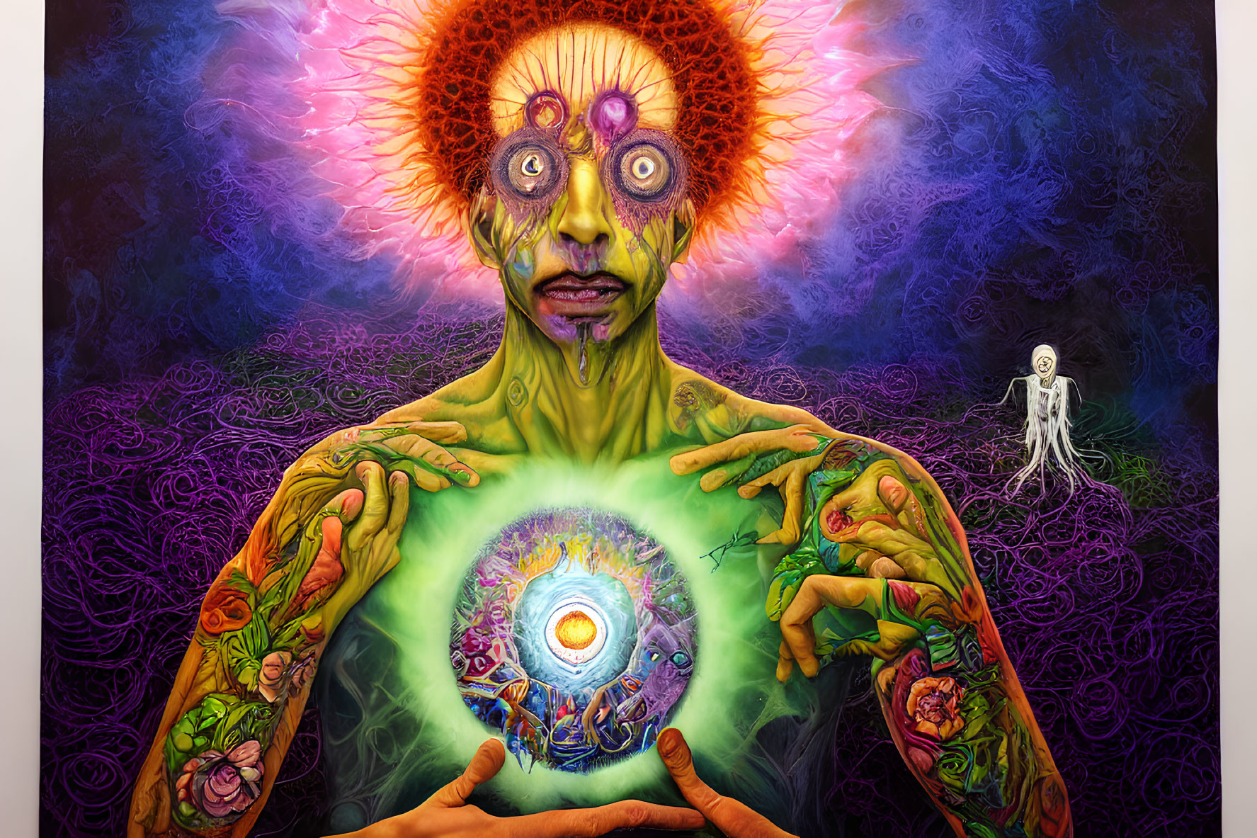 Colorful Psychedelic Painting of Humanoid Figure with Third Eye and Glowing Orb