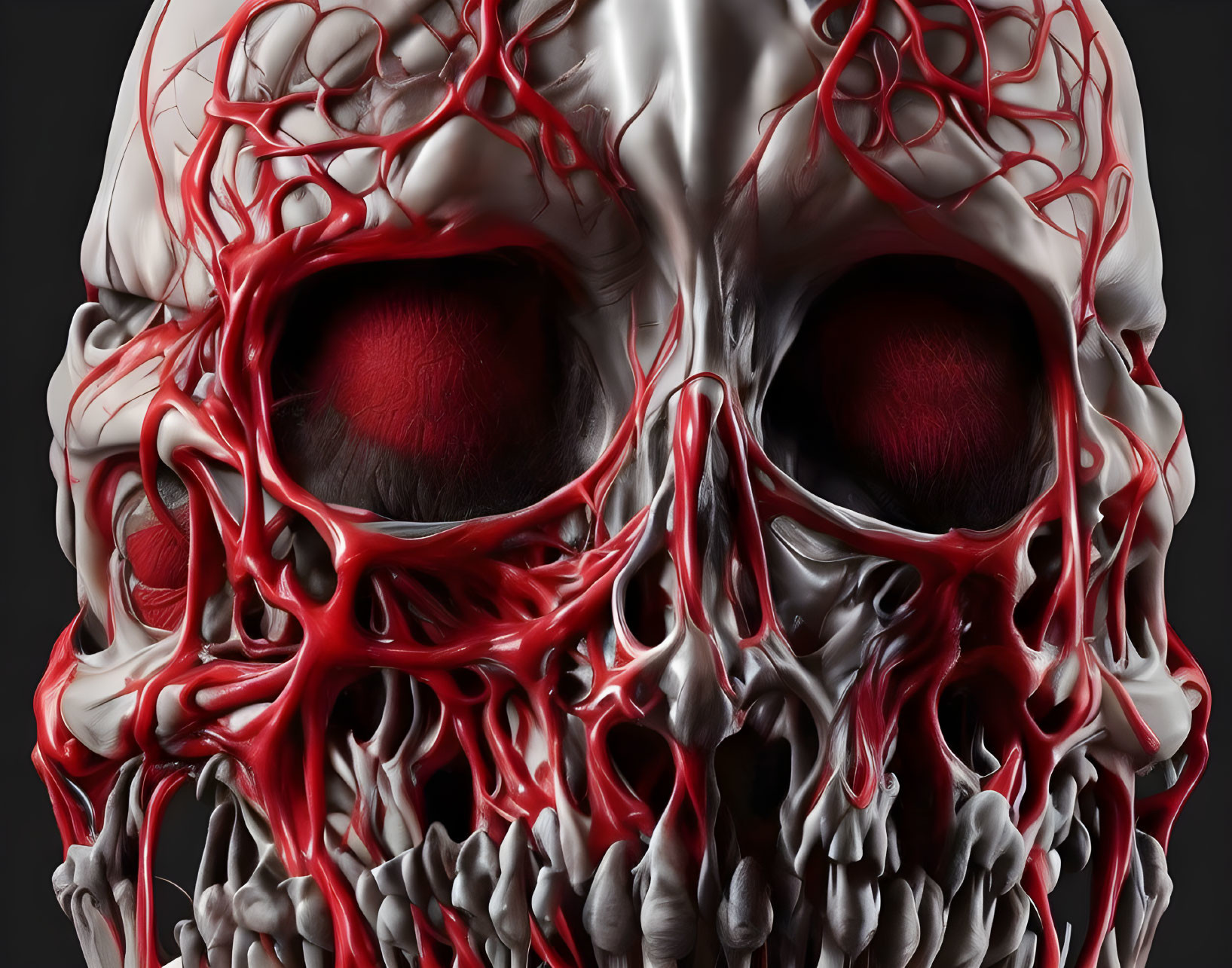 Detailed 3D Illustration of Human Skull with Red Vascular Structures