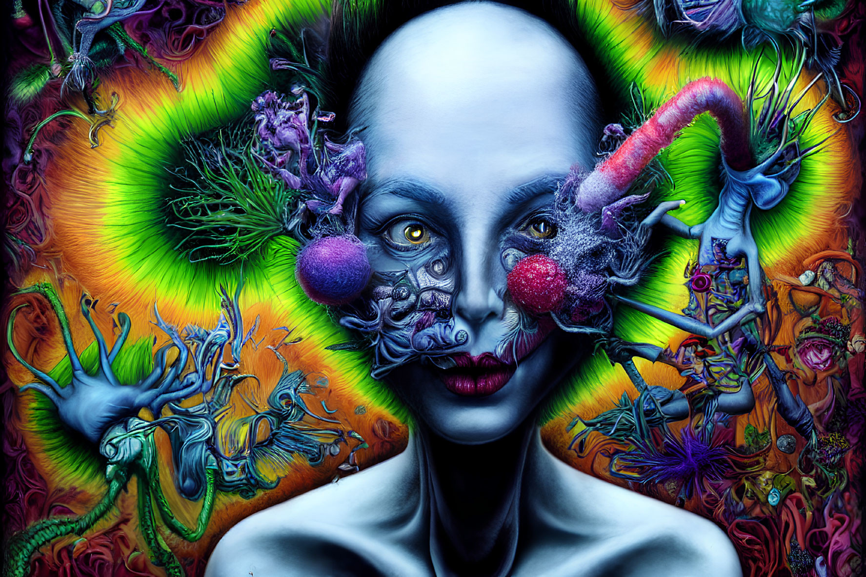 Surreal portrait featuring bald figure amidst vibrant flora and fantastical creatures