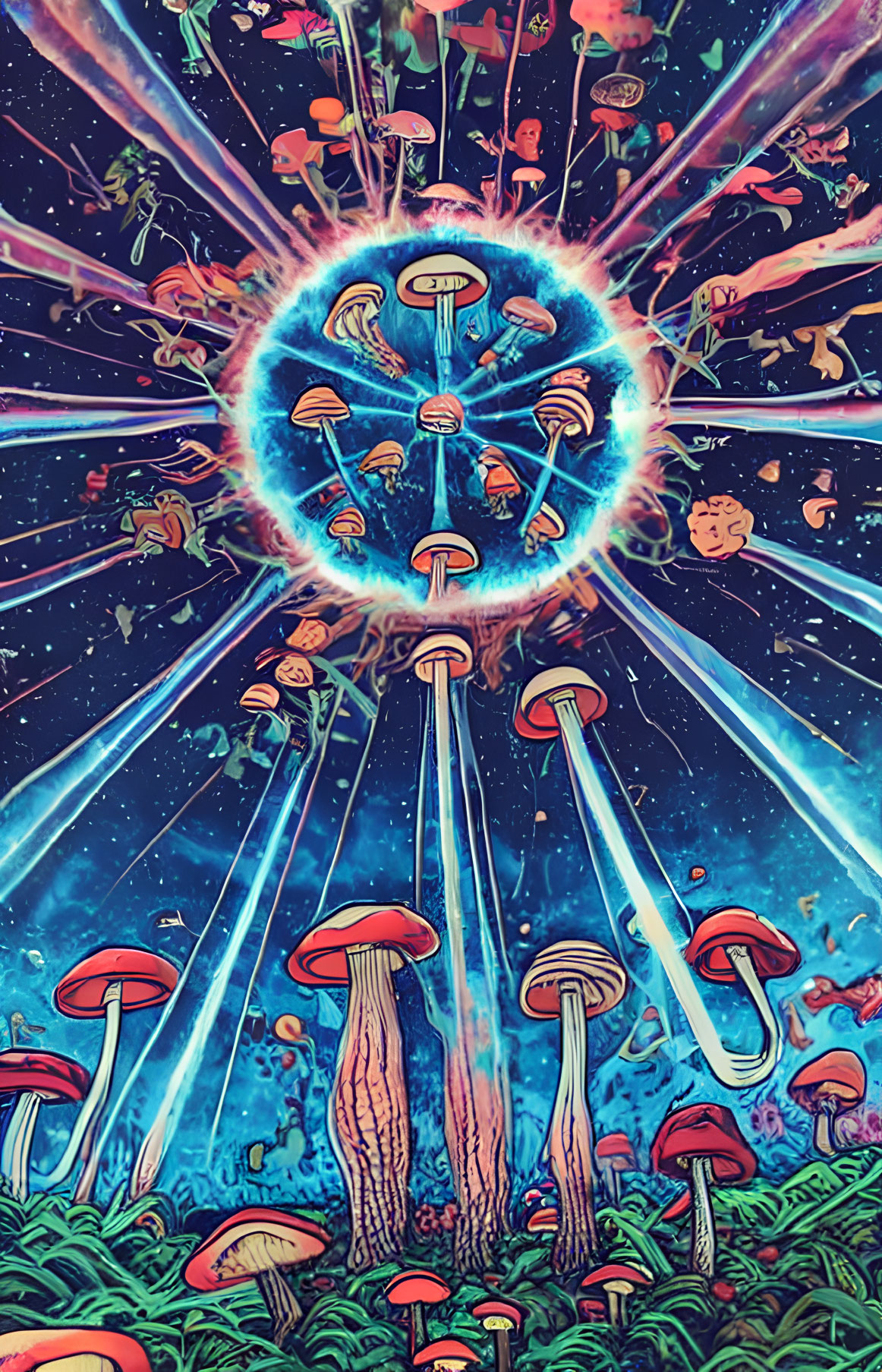 Colorful Psychedelic Illustration: Glowing Mushrooms and Cosmic Energy