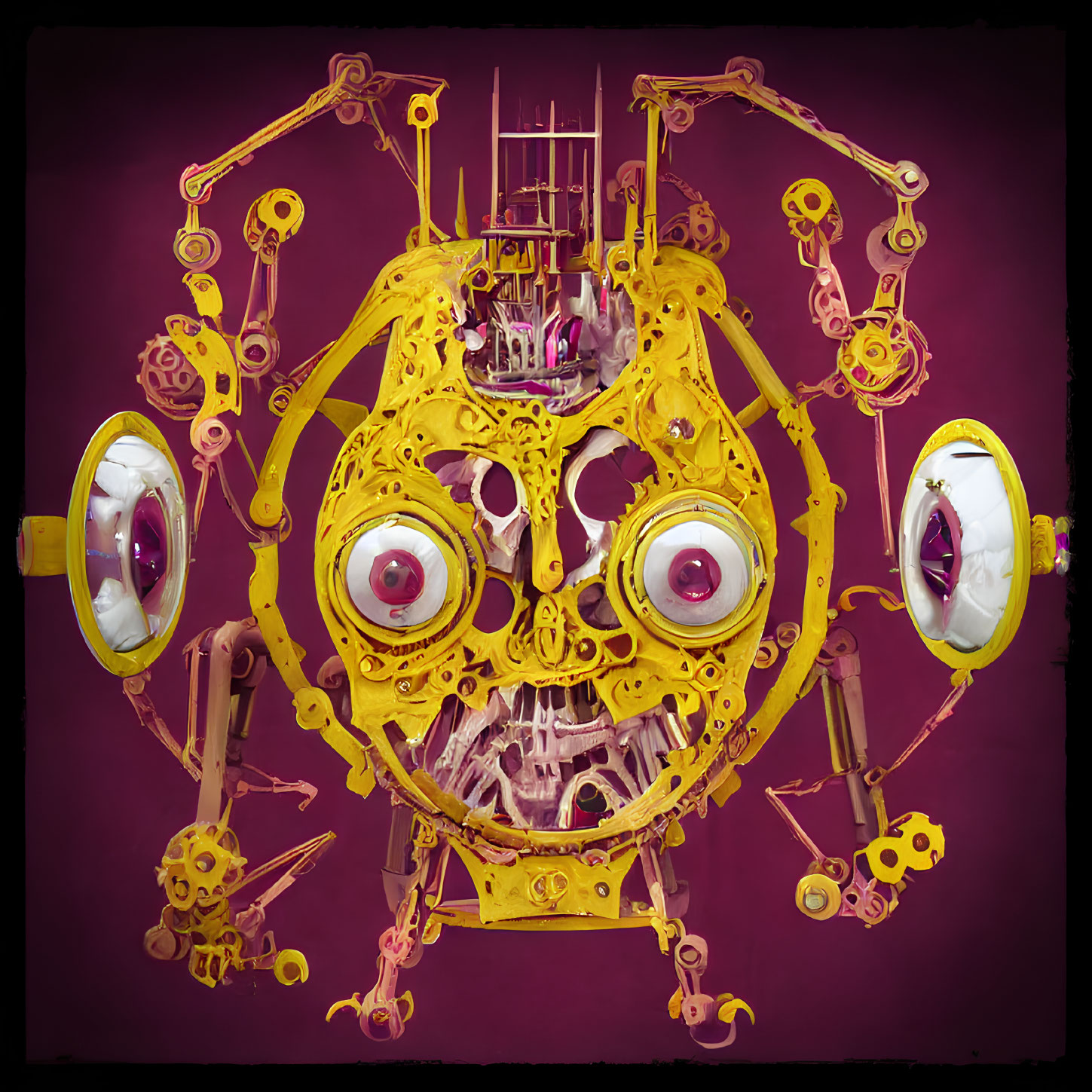 Yellow Mechanical Skull Sculpture with Exposed Gears and Prominent Eyes on Purple Background