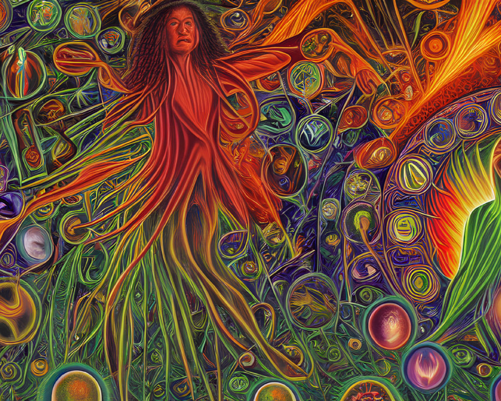 Colorful Psychedelic Artwork with Humanoid Figures in Elongated Limbs