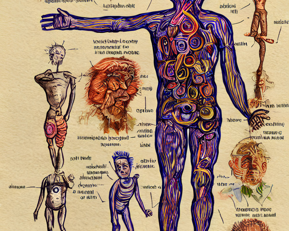 Colorful Abstract Human Anatomy Illustration with Labeled Body Parts