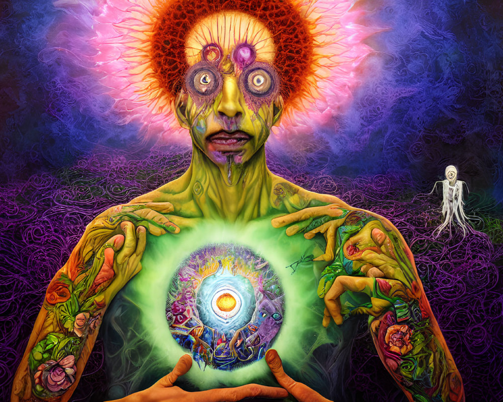 Colorful Psychedelic Painting of Humanoid Figure with Third Eye and Glowing Orb