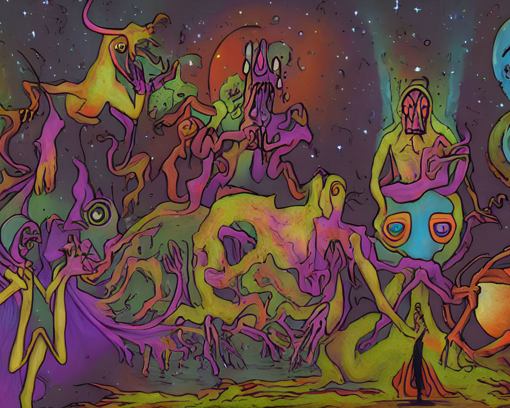 Colorful psychedelic alien creatures in dynamic poses against cosmic backdrop