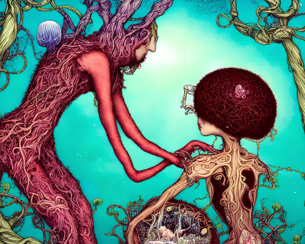 Surreal artwork featuring humanoid figures with tree-like features and jellyfish on teal background