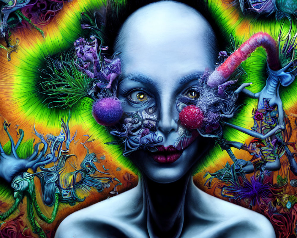 Surreal portrait featuring bald figure amidst vibrant flora and fantastical creatures