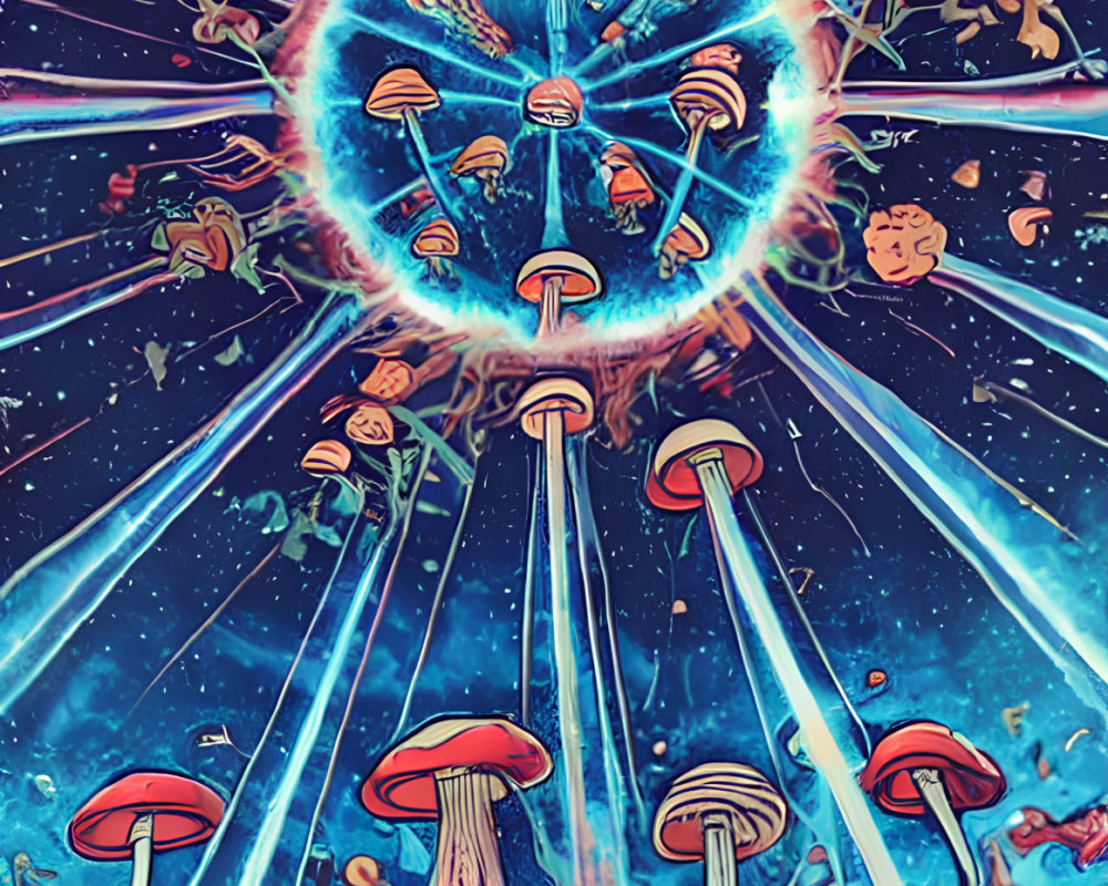 Colorful Psychedelic Illustration: Glowing Mushrooms and Cosmic Energy