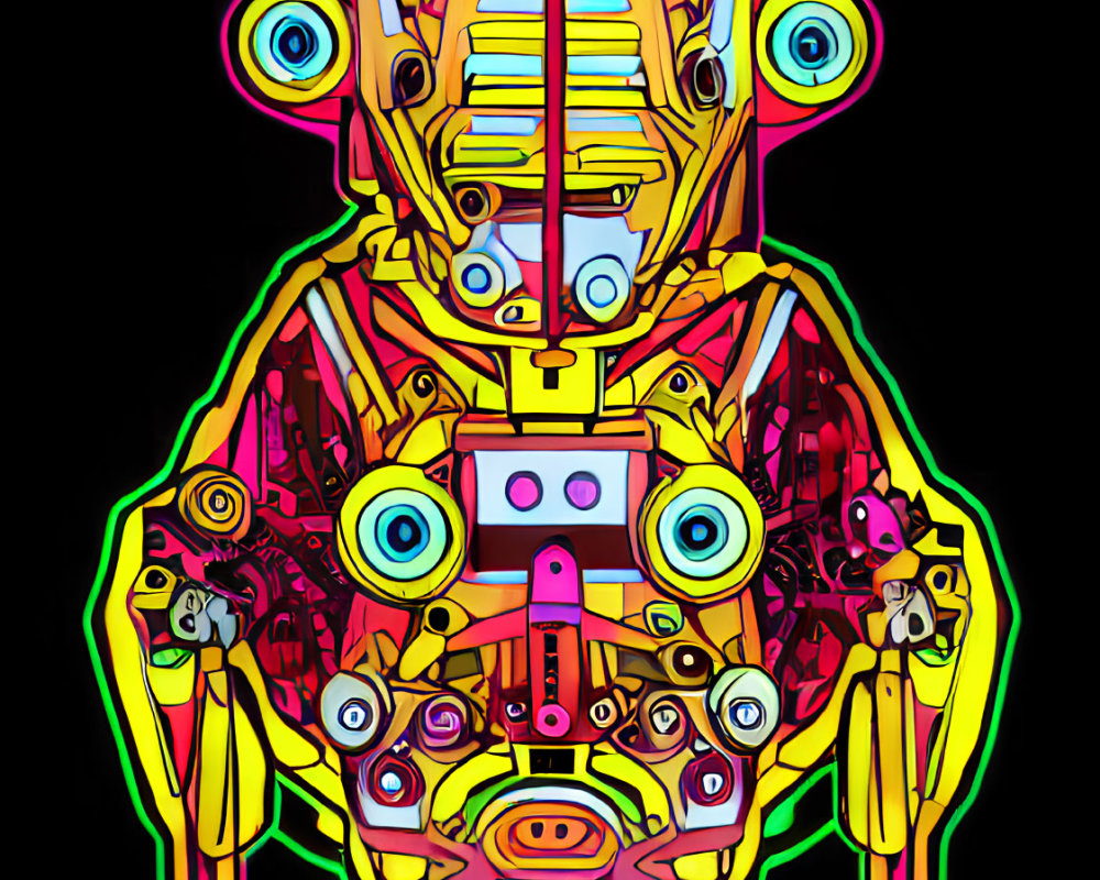 Multicolored robot illustration with intricate design on black background