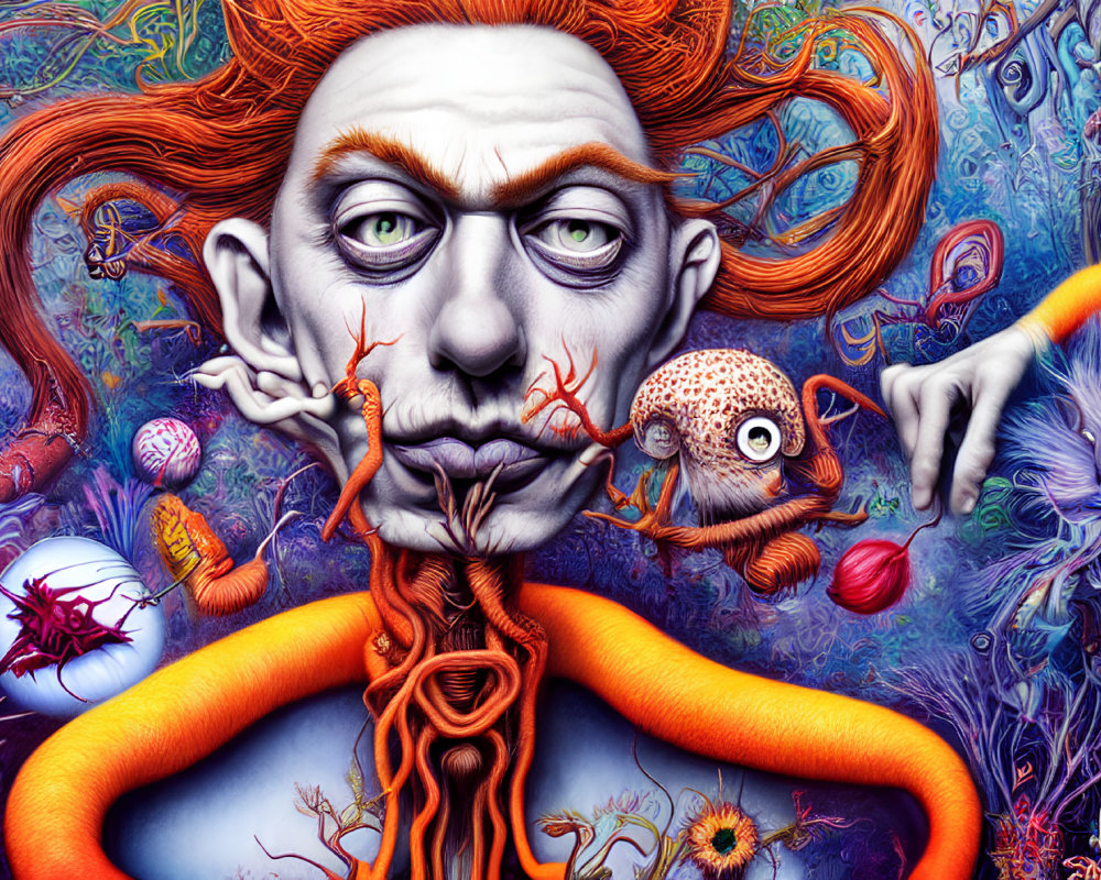 Surreal artwork: orange-haired character with pale skin & fantastical creatures