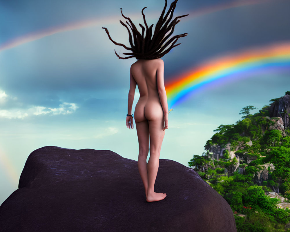 Person Standing on Rock with Dramatic Rainbow in Lush Landscape