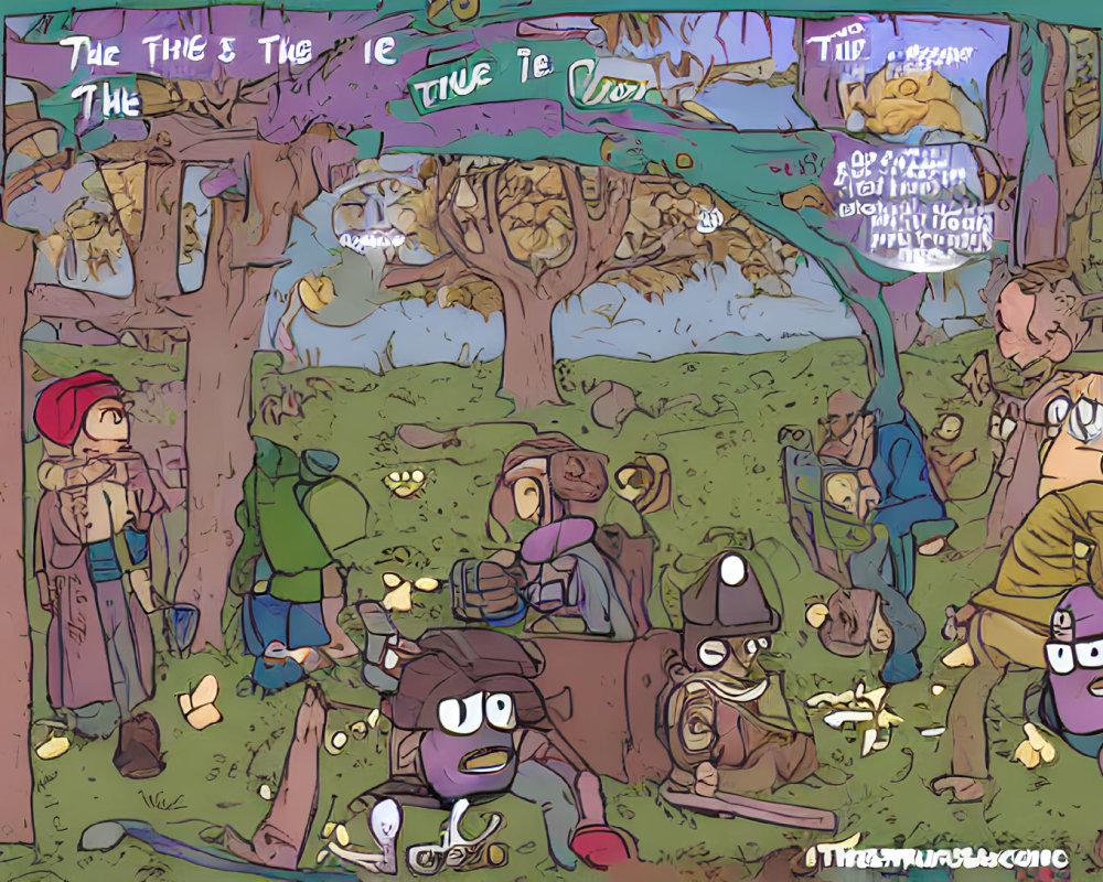 Colorful Cartoon Illustration of Characters in Woodland Setting