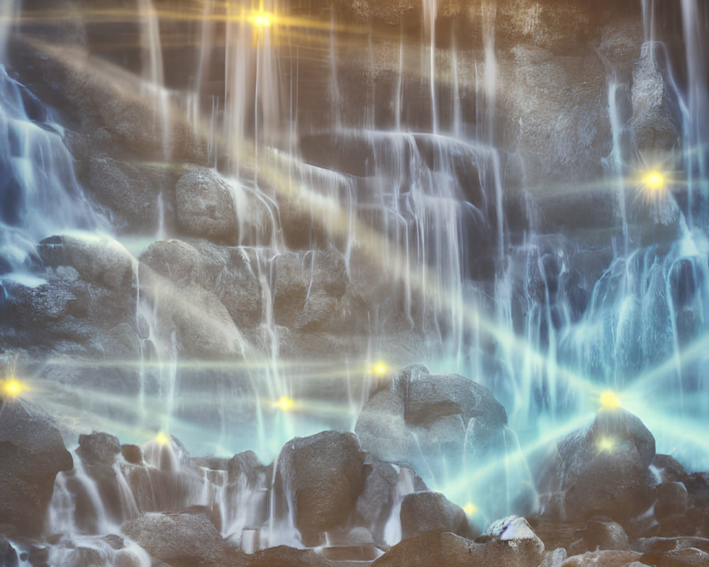 Tranquil waterfall illuminated by glowing lights