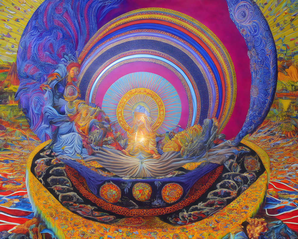 Colorful psychedelic artwork with meditating figure and spiritual icons