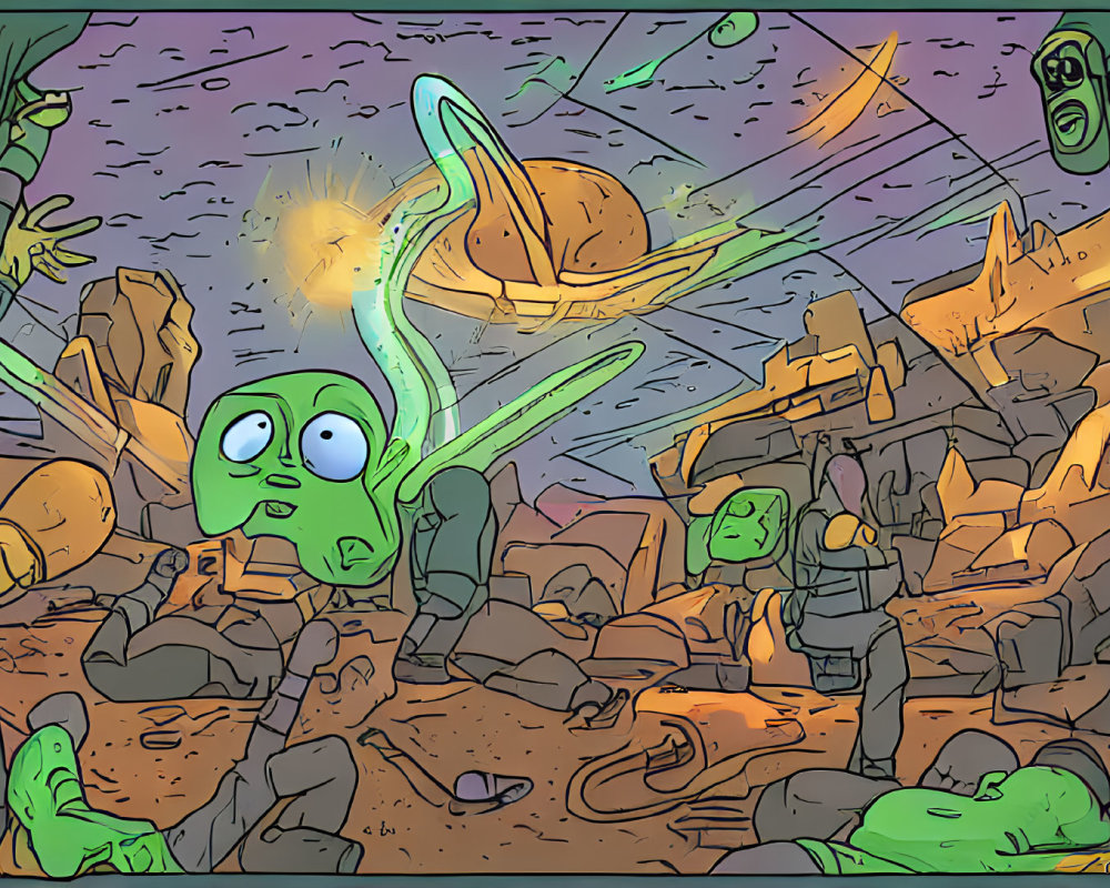 Colorful Alien Landscape with Surprised Green Alien and Robots under Purple Sky