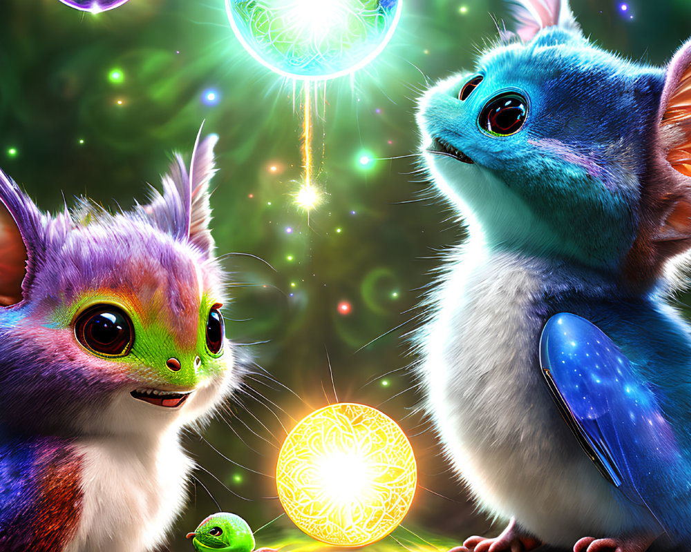 Fantastical creatures with large eyes in glowing forest scene