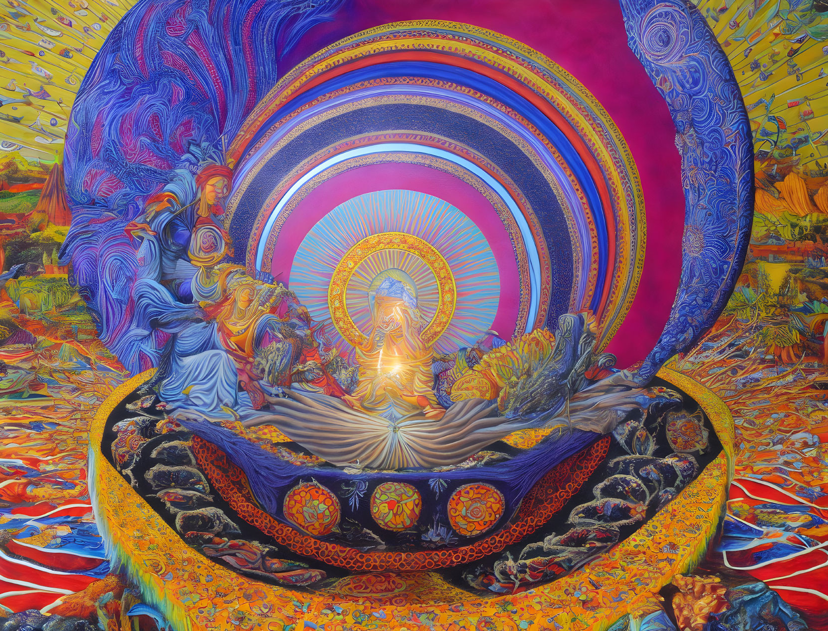 Colorful psychedelic artwork with meditating figure and spiritual icons