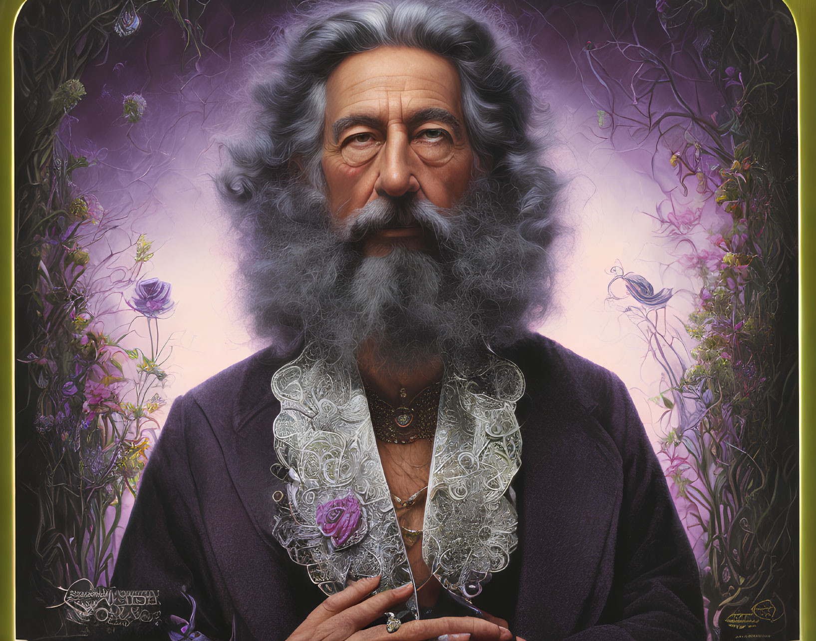 Elegant White-Bearded Man in Purple Jacket on Floral Background