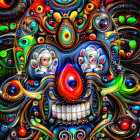 Vibrant surreal illustration of fantastical creature with multiple eyes, orange nose, sharp teeth, and