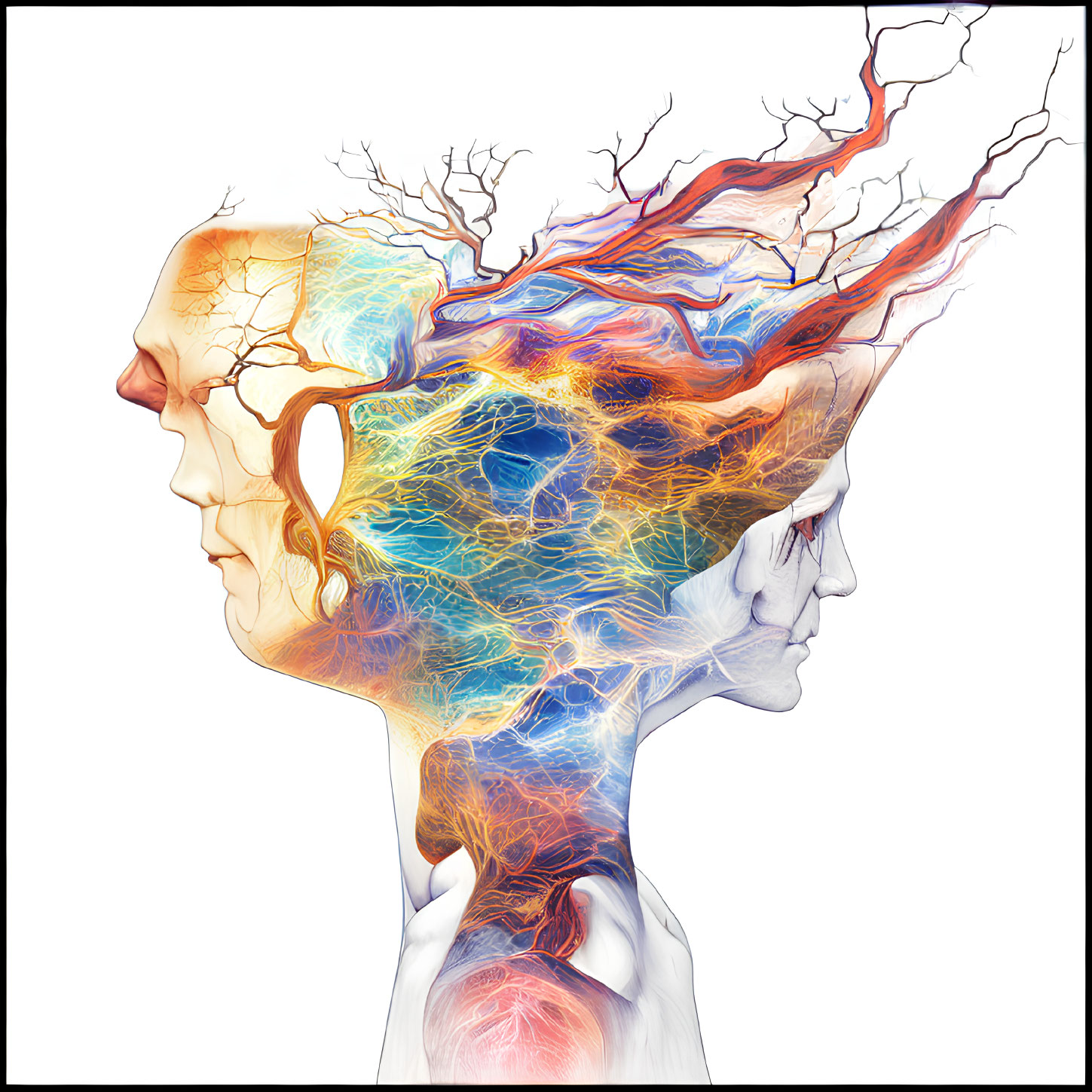 Digital artwork featuring side-by-side human profiles with colorful neural patterns.