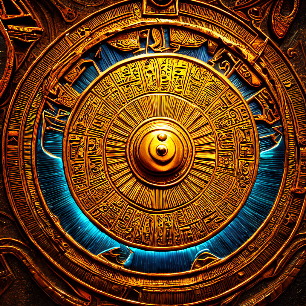 Golden disc with ancient hieroglyphic-like engravings in blue fiery glow