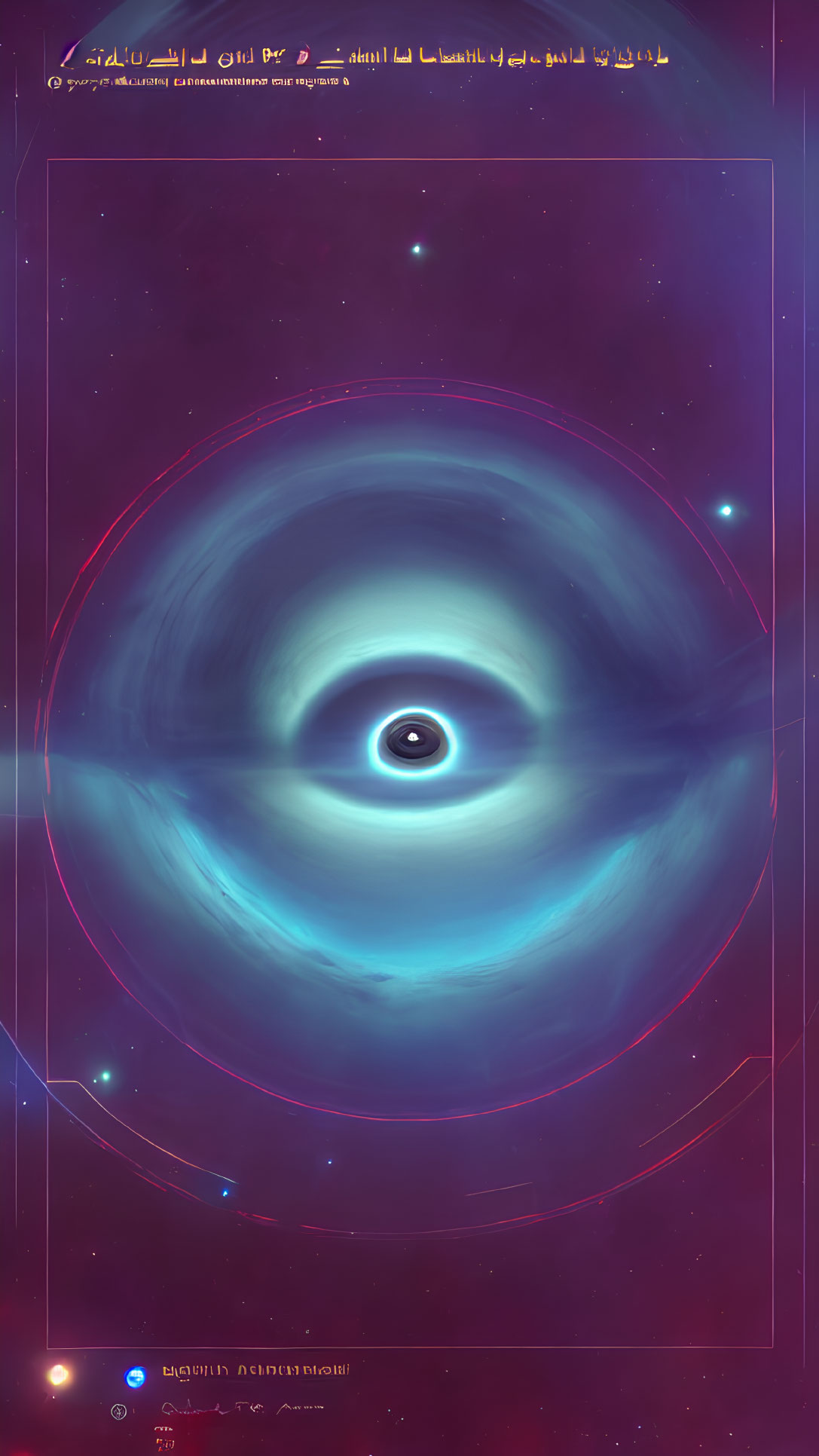 Cosmic digital illustration: massive black hole, swirling accretion disks, jets, stars, red