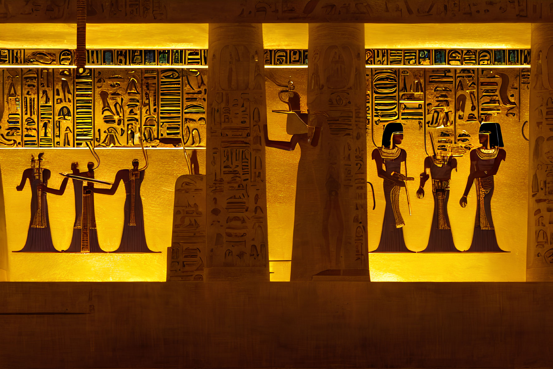 Ancient Egyptian hieroglyphics and figures in golden light on columned wall