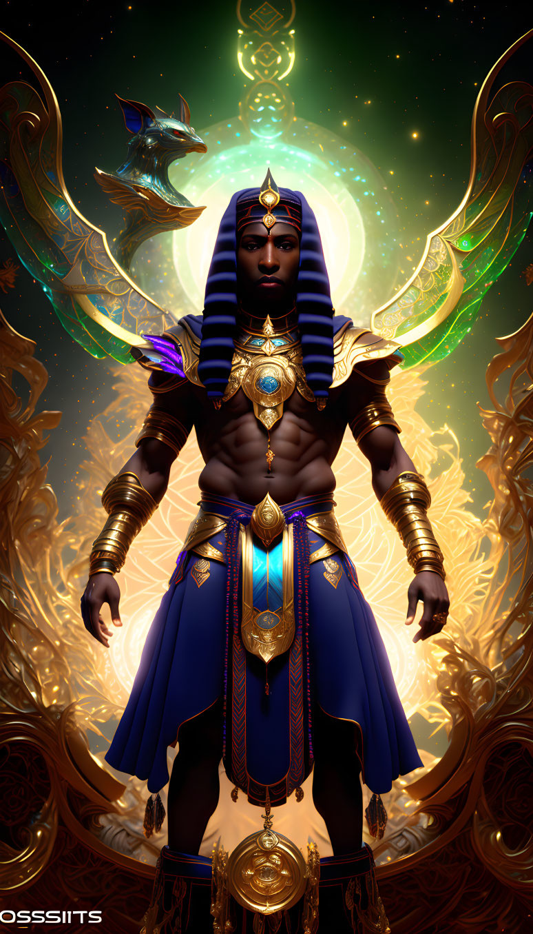 Egyptian Pharaoh in Traditional Regalia Against Cosmic Background