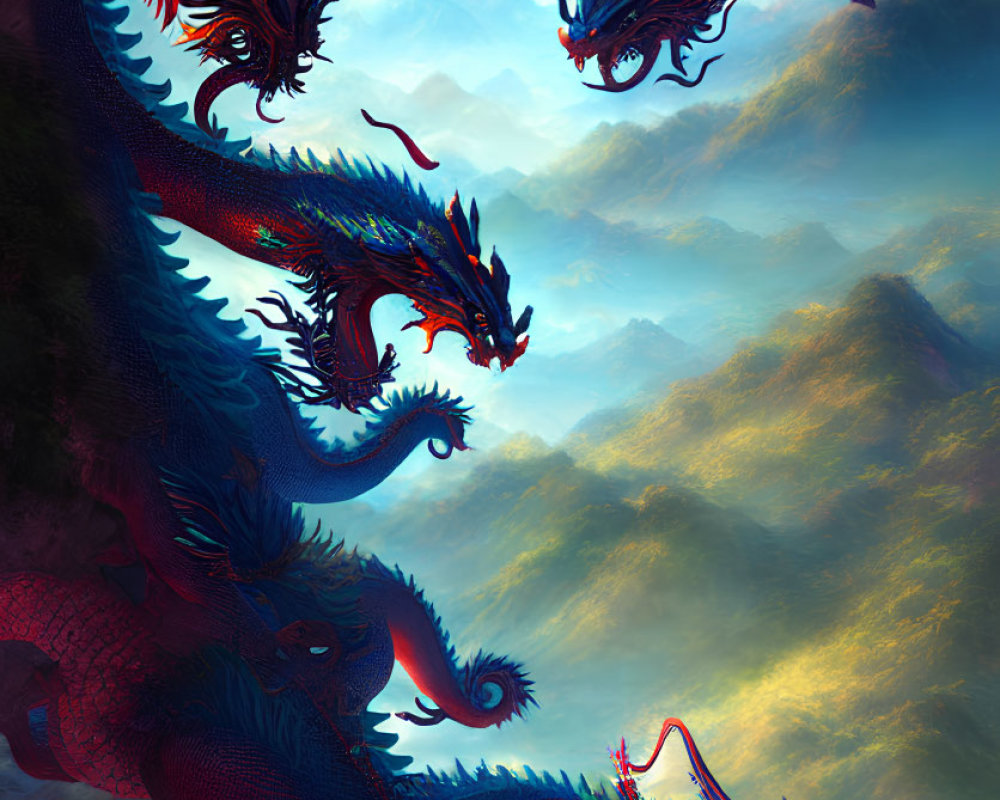 Colorful Multi-Headed Dragon Artwork in Misty Mountain Scene