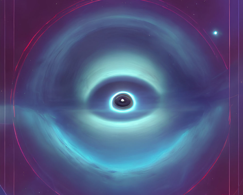 Cosmic digital illustration: massive black hole, swirling accretion disks, jets, stars, red