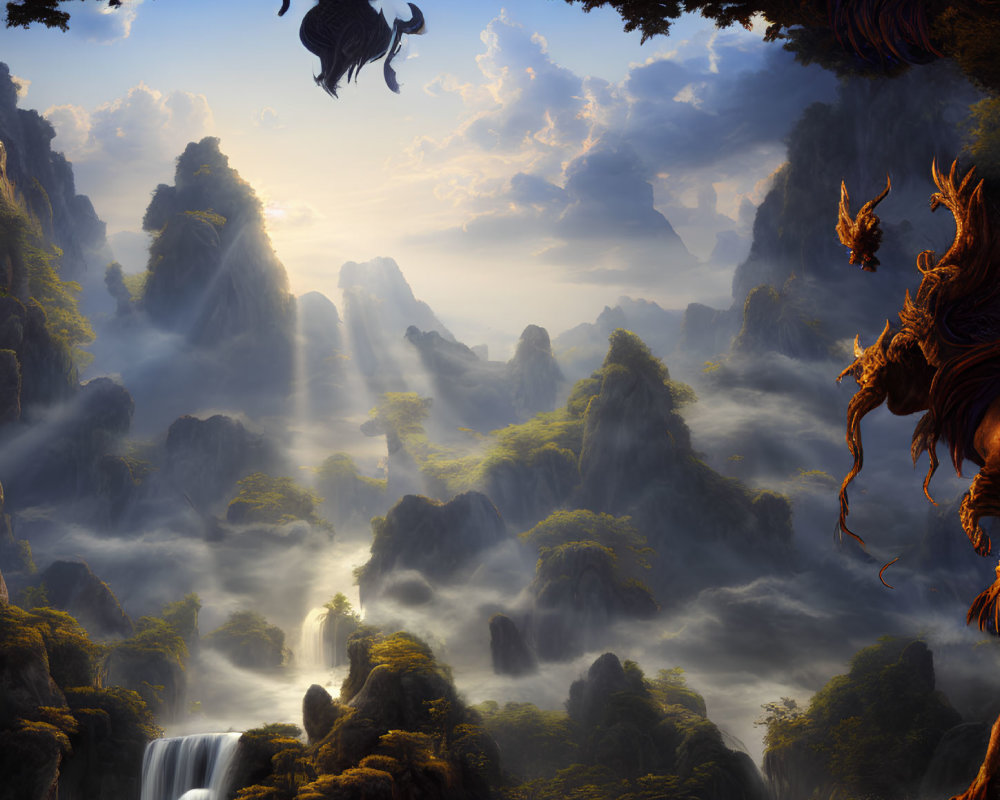 Misty mountains, waterfalls, and mystical creatures in dramatic landscape