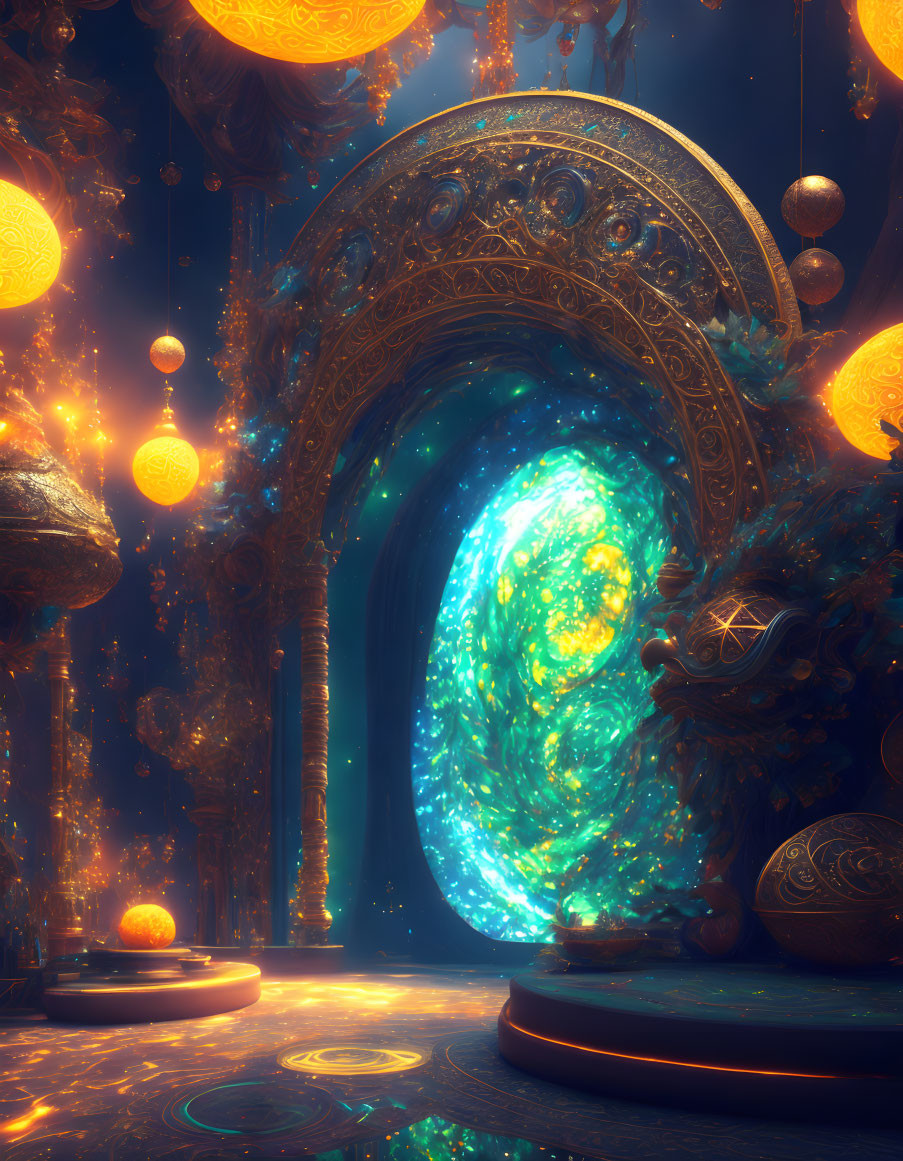 Golden archway with mystical portal and floating orbs in opulent chamber