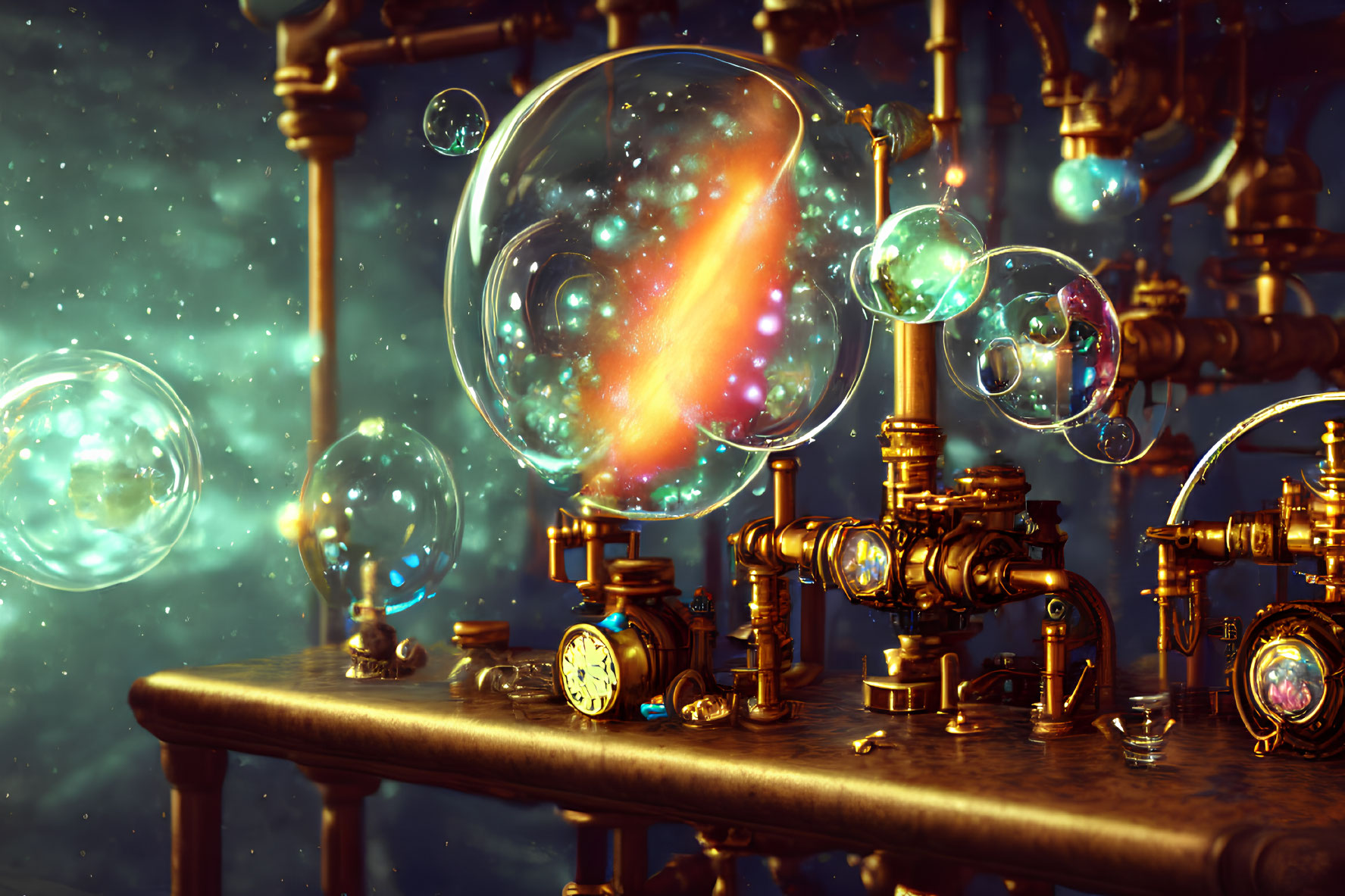 Steampunk laboratory with glowing bubbles in cosmic setting