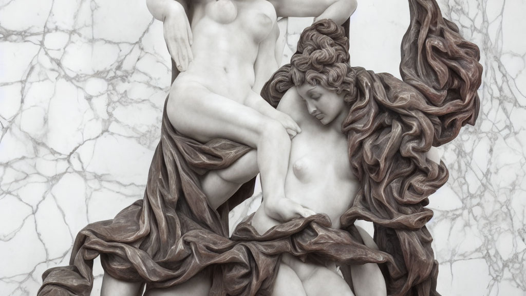 Intertwined figures sculpture with flowing drapery on marble background