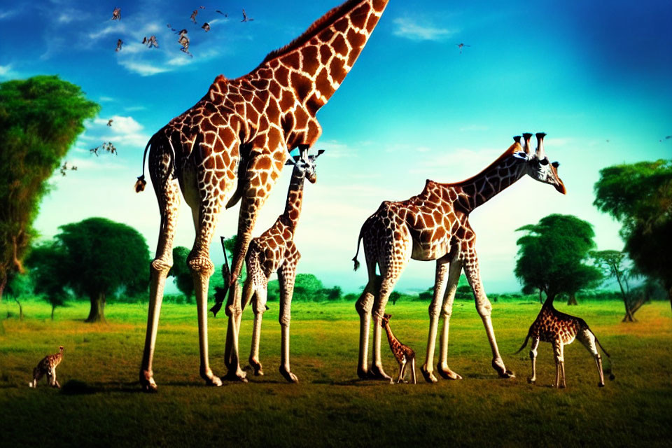 Group of Giraffes in Vibrant Savanna with Birds Flying