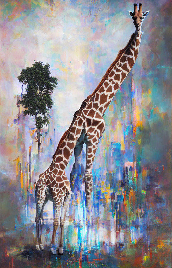 Giraffe against colorful abstract background with tree