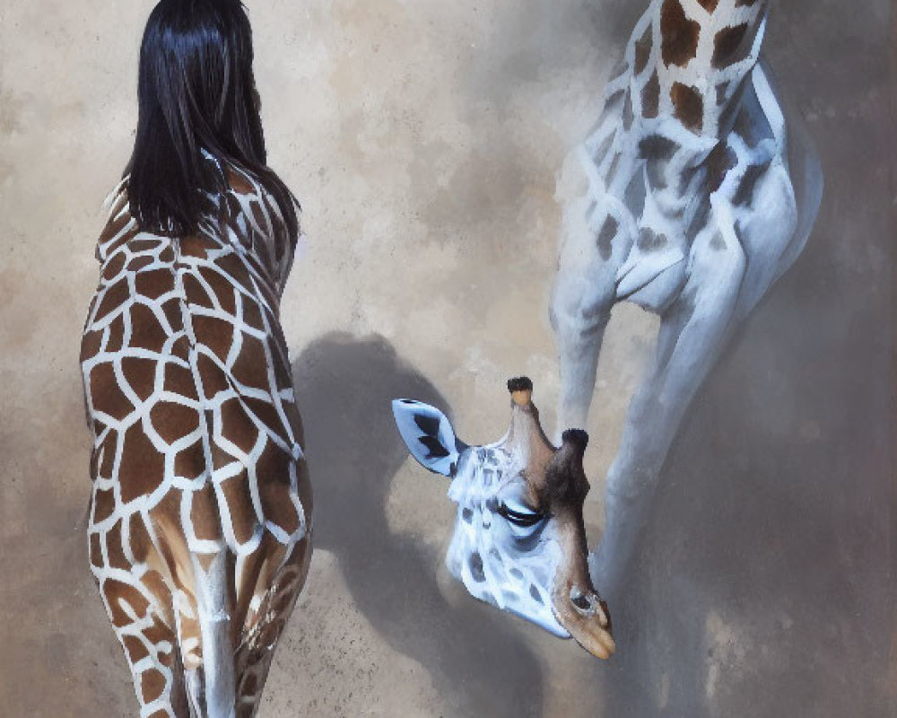 Woman with long dark hair in giraffe-patterned dress faces giraffe