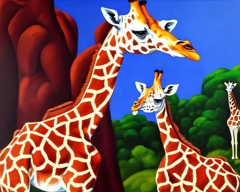 Colorful painting of three giraffes in different poses against a blue sky