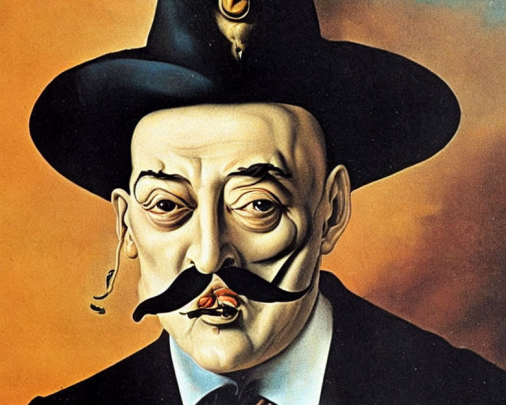 Surreal portrait with split face, wide-brimmed hat, mustache, and melting clock