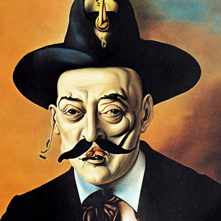 Surreal portrait with split face, wide-brimmed hat, mustache, and melting clock