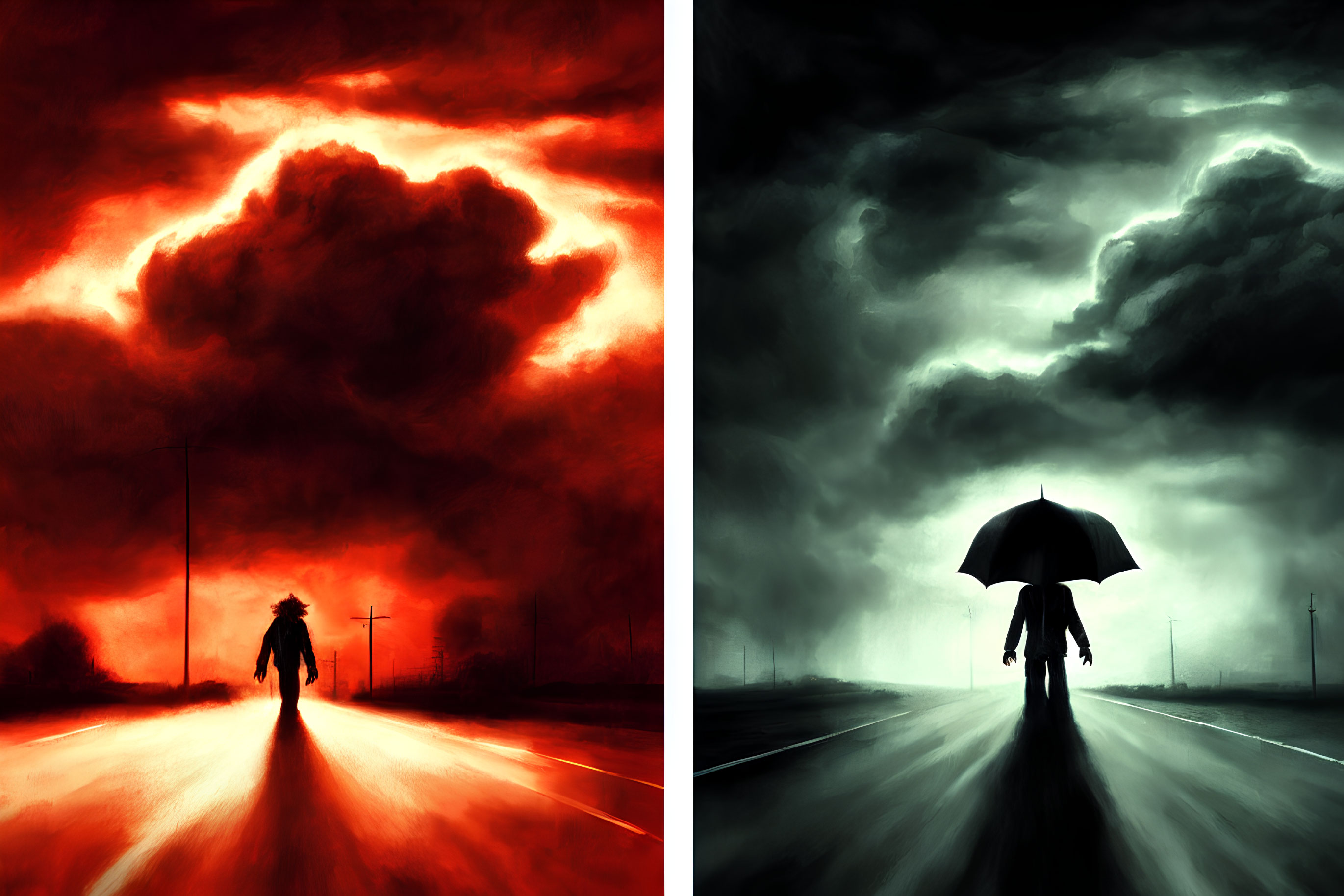 Person under fiery red sky vs. individual with umbrella under stormy gray sky