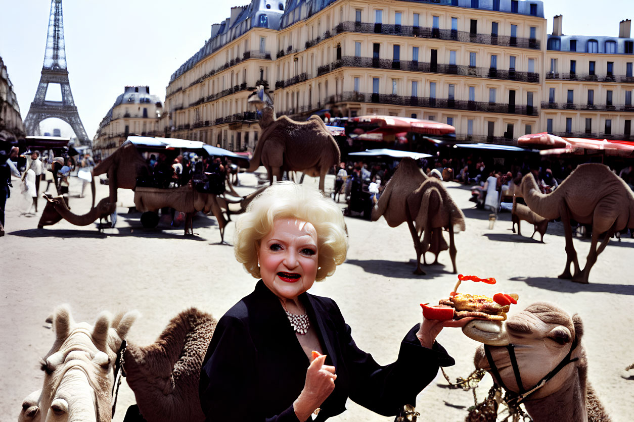 Urban scene with woman, macarons, camels, and Eiffel Tower