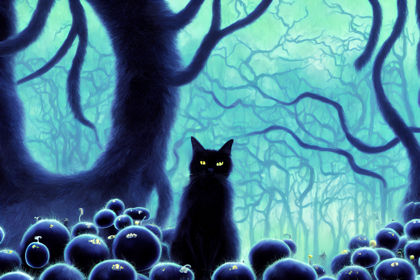 Black Cat with Glowing Eyes in Mystical Forest with Blue Mushrooms