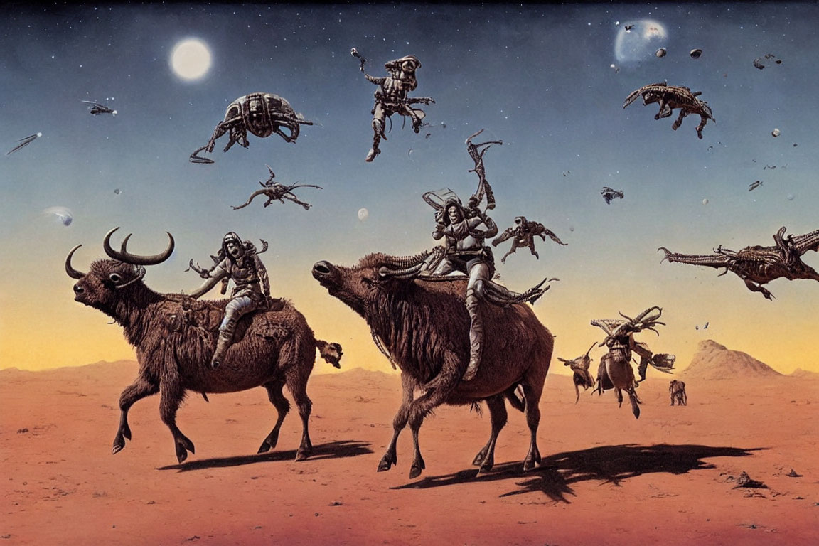 Sci-fi desert planet: Bison-like creatures, spaceships, moon